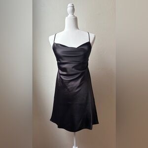 Paradise USA Black Satin Slip Dress Tie Back Spaghetti Strap Mini Size L
